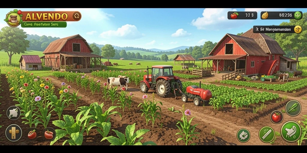 Tampilan gameplay seru dalam ALVENDO dengan aktivitas bertani.