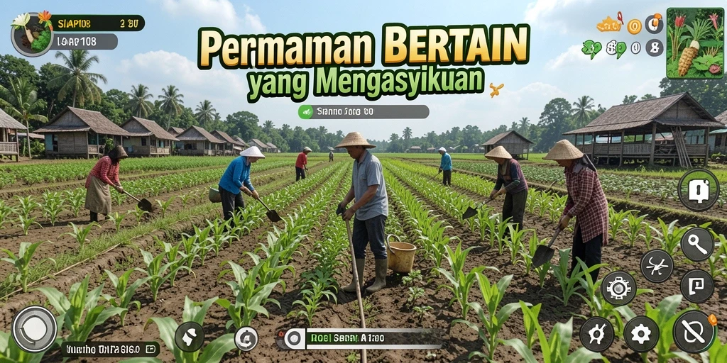 Menggambarkan gameplay bertani yang penuh warna dan interaktif.